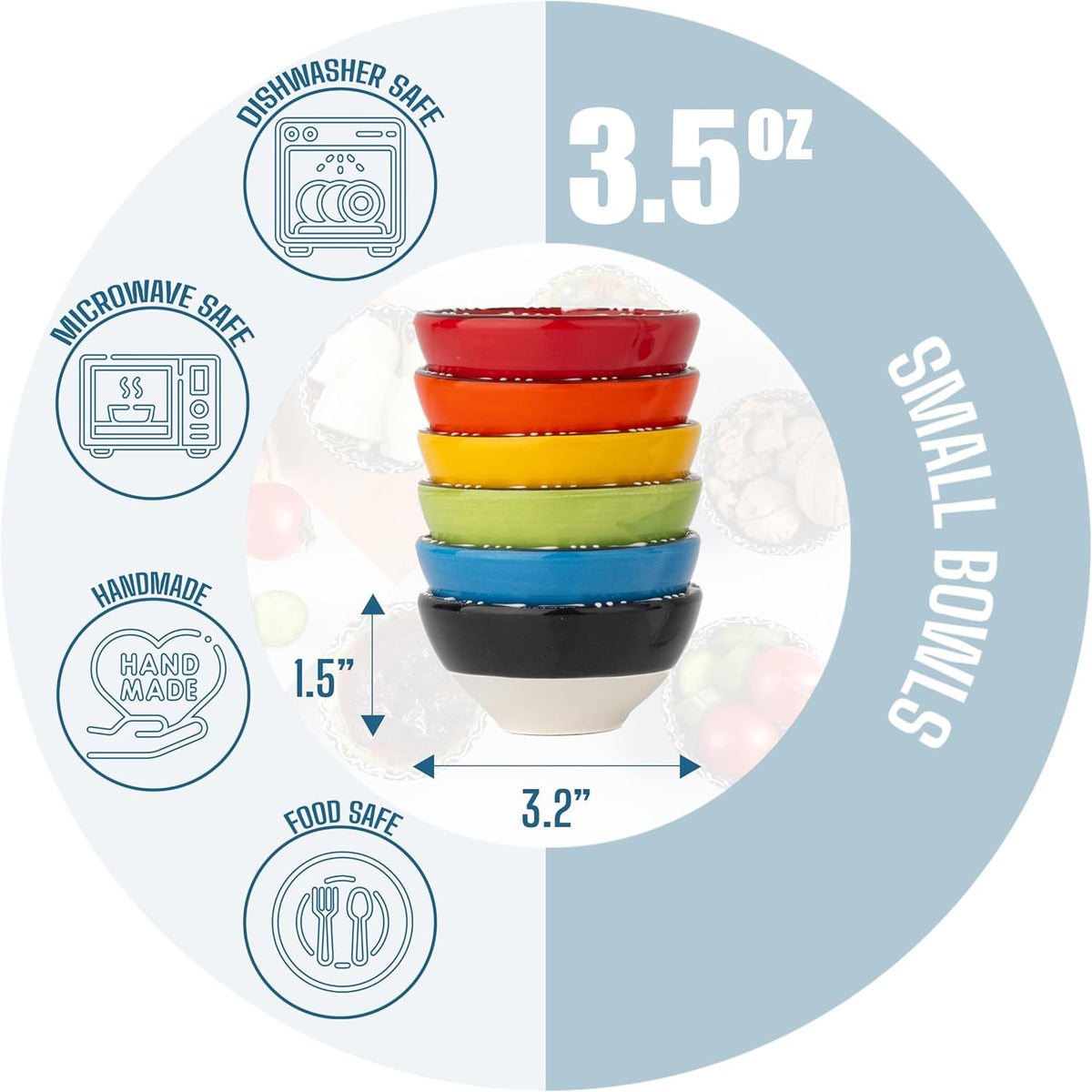 Ceramic Small Dipping Bowls Set of 6, 3.5 Oz Soy Sauce Dish, Handmade Charcuterie, Colorful Pinch, Dishwasher & Microwave Safe, 3.2'' Mini (SULTAN'S GARDEN)