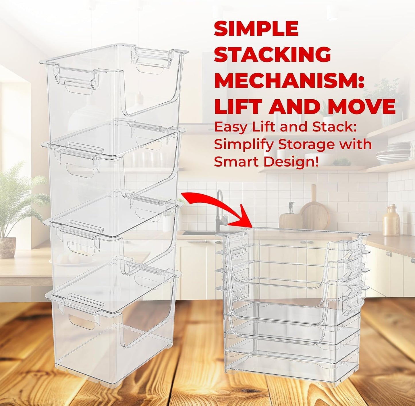 Stackable Storage Bins Open Front with Side Handles, 4 Pack - Clear | Sturdy Plastic, Easy Stacking Bins for Pantry, Closet, Kids Room & Art Studio Organization