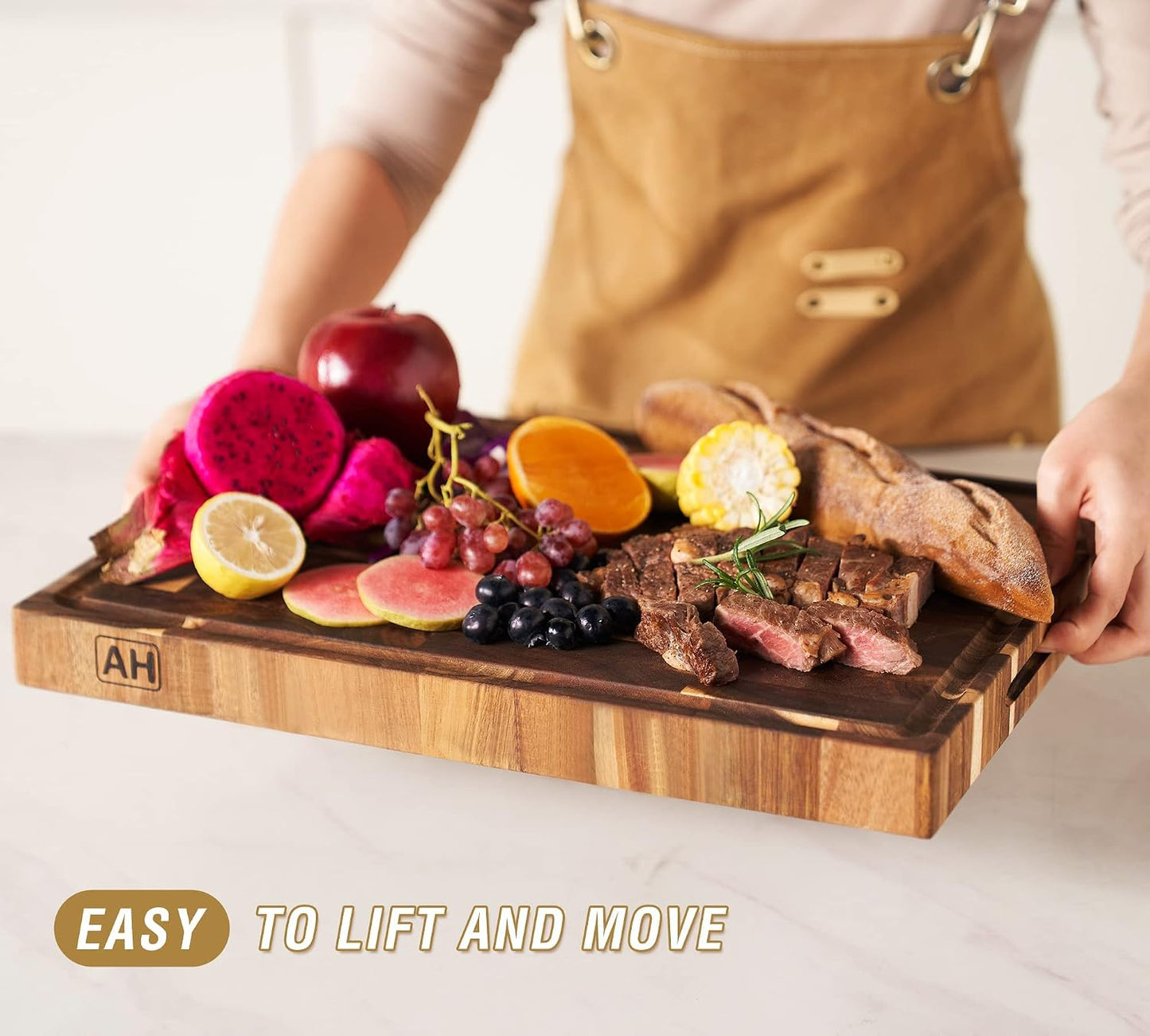AZRHOM Large Wood Cutting Boards Set of 4 for Kitchen Cheese Charcuterie Board (Gift Box Included) Acacia Butcher Block with Non-slip Mats, Juice Groove and Handles (16x12, 14x10, double 11x8 inch)-4