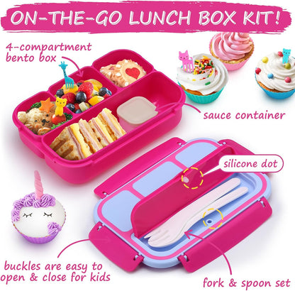 QQKO Bento Lunch Box for Kids Girls Boys, Toddler Kids Lunch Boxes for School, Lunch Containers for Adults with 4 Compartments, Sauce Container, Utensils, Food Picks and Muffin Cups, Purple