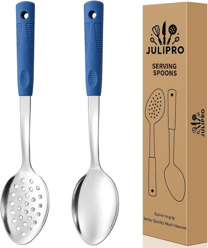 2-Piece Serving Spoons, 11-Inch, Solid & Slotted, Platinum Silicone
