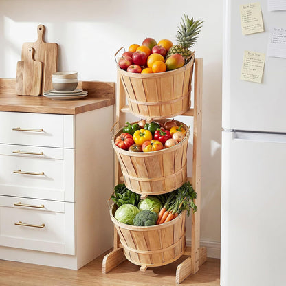 Gerrii 1 Pcs Large Solid Wood Bushel Barrel Display with 3 Half Bushel Basket, Farmers Market Floor Display with Handles, Retail Harvest Basket for Fruit, Vagatables, Candy, Small Crafts, Produce