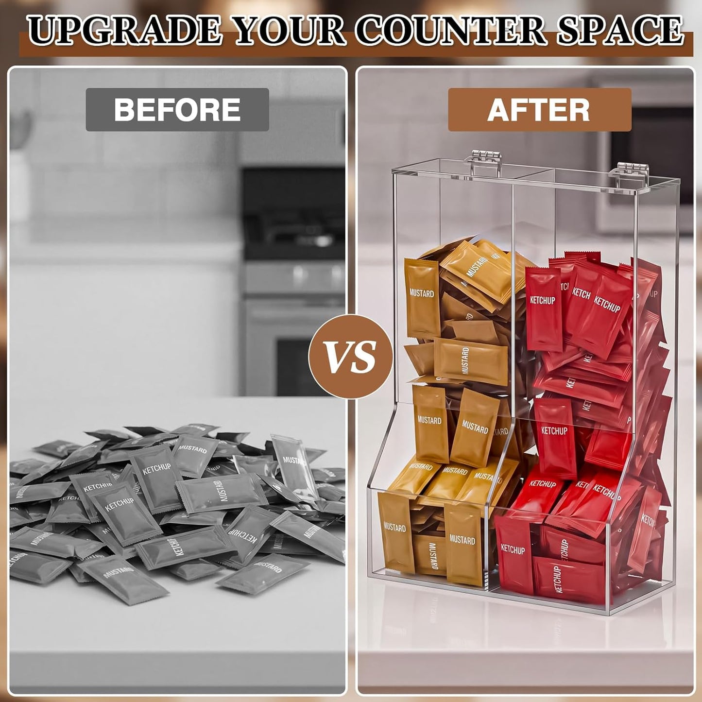 1 Pcs Divided Condiment Bin with Lid 2 Compartment Condiment Packet Organizer Sugar Packet Wrapped Candy Caddy Clear Acrylic for Bakery Restaurant Retail Stores, 8.5" W x 4" D x 12.25" H