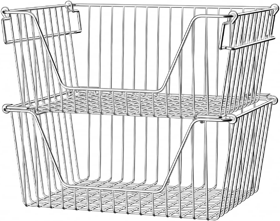 Slideep Wire Storage Baskets, Freezer Baskets Farmhouse Stackable Organizer Storage Bins Large Organizer for Storage, Office, Bathroom, Pantry Organization Storage with Handles 14" Black -Set of 3