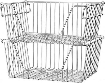 Slideep Wire Storage Baskets, Freezer Baskets Farmhouse Stackable Organizer Storage Bins Large Organizer for Storage, Office, Bathroom, Pantry Organization Storage with Handles 14" Black -Set of 3