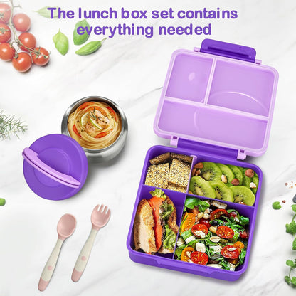 Bento Lunch Box Set for Kids with 8oz Soup Thermo, Leak-Proof Lunch Containers with 4 Compartment, Kids Thermo Hot Food Jar and Insulated Lunch Bag for Kid to School-Black