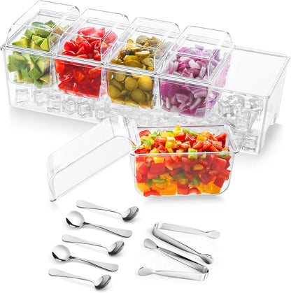 Lifewit 2 Pcs Ice Chilled Condiment Caddy with 5x20 oz Containers, Condiment Server with Separate Lid, Serving Tray Platter with Removable Dishes for Bar Fruit Salad Taco Party Garnish, 39 x13cm/15x5