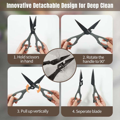 Kitchen Scissors All Purpose, Extra Sharp Kitchen Shears with Knife Sharpener & Sheath, Solid & Durable Stainless Steel Scissors with ANTI-RUST Black Titanium Plated, Dishwasher Safe - Black