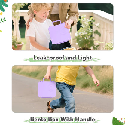 Lunch Box Kids with 5 Compartments, Insulated Food Jar & Utensils, Leak Proof Bento Box with Sauce Container, BPA-Free & Dishwasher Safe, Dinosaur Design(Purple)