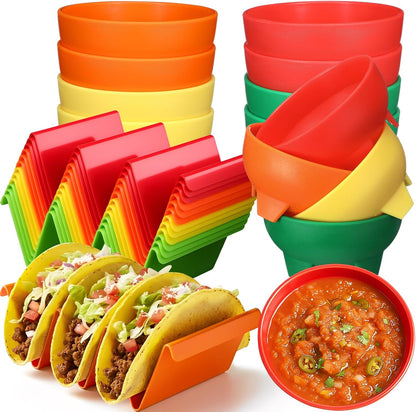 FoldTier Mexican Taco Holder Stands with Salsa Bowls Set of 24 Food Grade Plastic Dishwasher Safe Upright Trays Dipping Bowls For taco Night, Cinco De Mayo, Family Gatherings, Party(Black)