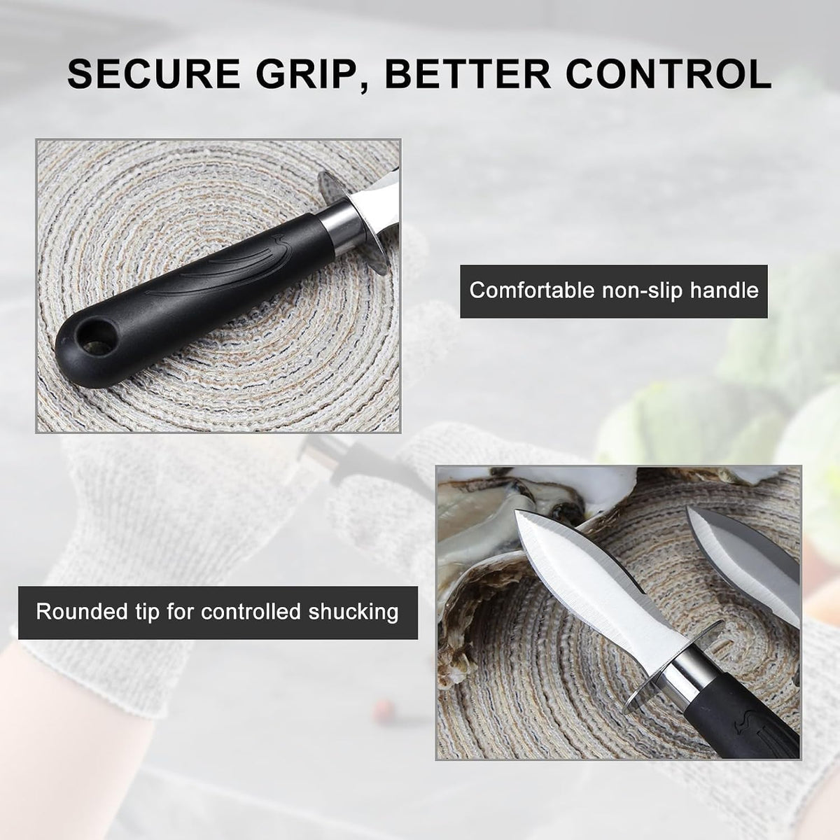 Oyster Knife Shucking Set with 2 Oyster Knives and 2 Pairs of Level 5 Cut Resistant Gloves, Safe and Easy Seafood Opener Kit for Kitchen Use, Oyster Shucking, and Gift Giving