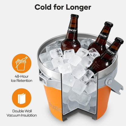 BUZIO 7.4 Qt/7 L Insulated Ice Bucket with Lid, Scoop, Tongs & Metal Cups, Double Wall Vacuum Stainless Steel Beer Bucket, Holds 6 Longnecks/3 Wine Bottles, for Parties Bar, Black