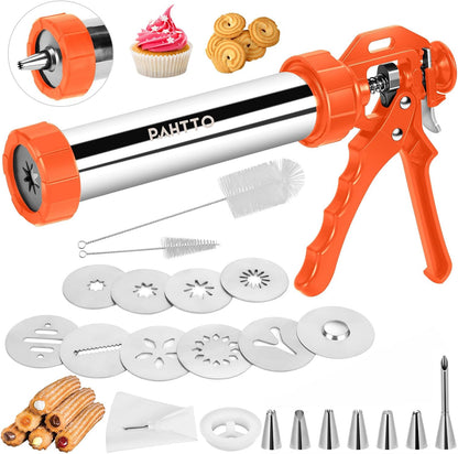 PAHTTO Churro Maker Machine, Stainless Steel Churros Gun Kit, 3-in-1 Multifunctional Cookie Press Hollow Churro with Piping Bag, 7 Piping Nozzles, 9 Cookie Discs & 2 Brushes, Easy to Clean