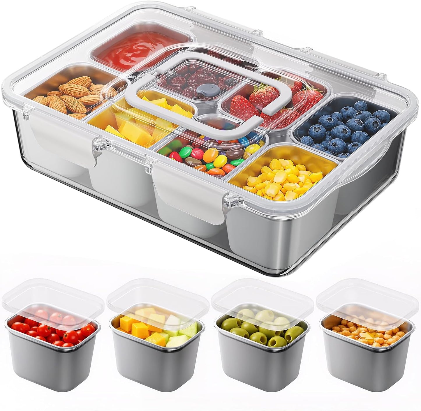 Snackle Box Container with 8 Removable Stainless Steel Compartments Divided Serving Tray with Portable Handle for Beach, Road Trip, Picnic, Boat Days, Ball Games, Pool and Parties