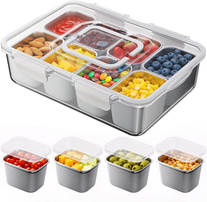 Snackle Box Container with 8 Removable Stainless Steel Compartments Divided Serving Tray with Portable Handle for Beach, Road Trip, Picnic, Boat Days, Ball Games, Pool and Parties