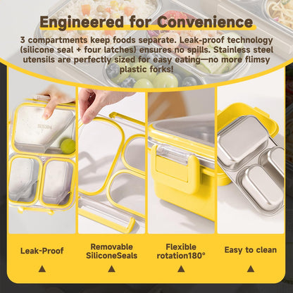 Stainless Steel Bento Lunch Box Set with Spoon, Fork & Insulated Lunch Bag, 25oz Leakproof Bento Box for Adults & Kids, Ideal for School, Home, Office, Picnic & Healthy meal prep containers (yellow)
