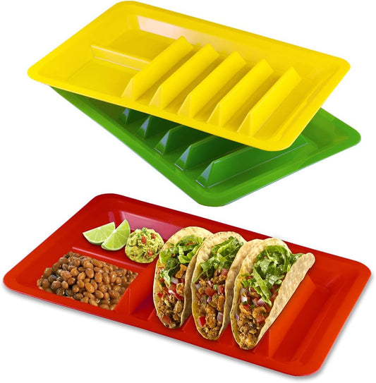 BNYD 3 Pack Taco Holder Stand, Colorful Plastic Taco Plates for Hard & Soft Shell Tacos, Assorted Colors, Holds 4 Tacos Each, Dishwasher Safe