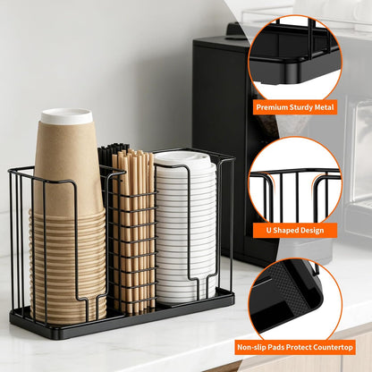 Coffee Cup and Lid Holder - Disposable Cup Holder, Metal Paper Cup Holder 3-Compartment Coffee Cup Dispenser for Countertop Coffee Station Bar Restaurant Office Breakroom Shop Kitchen