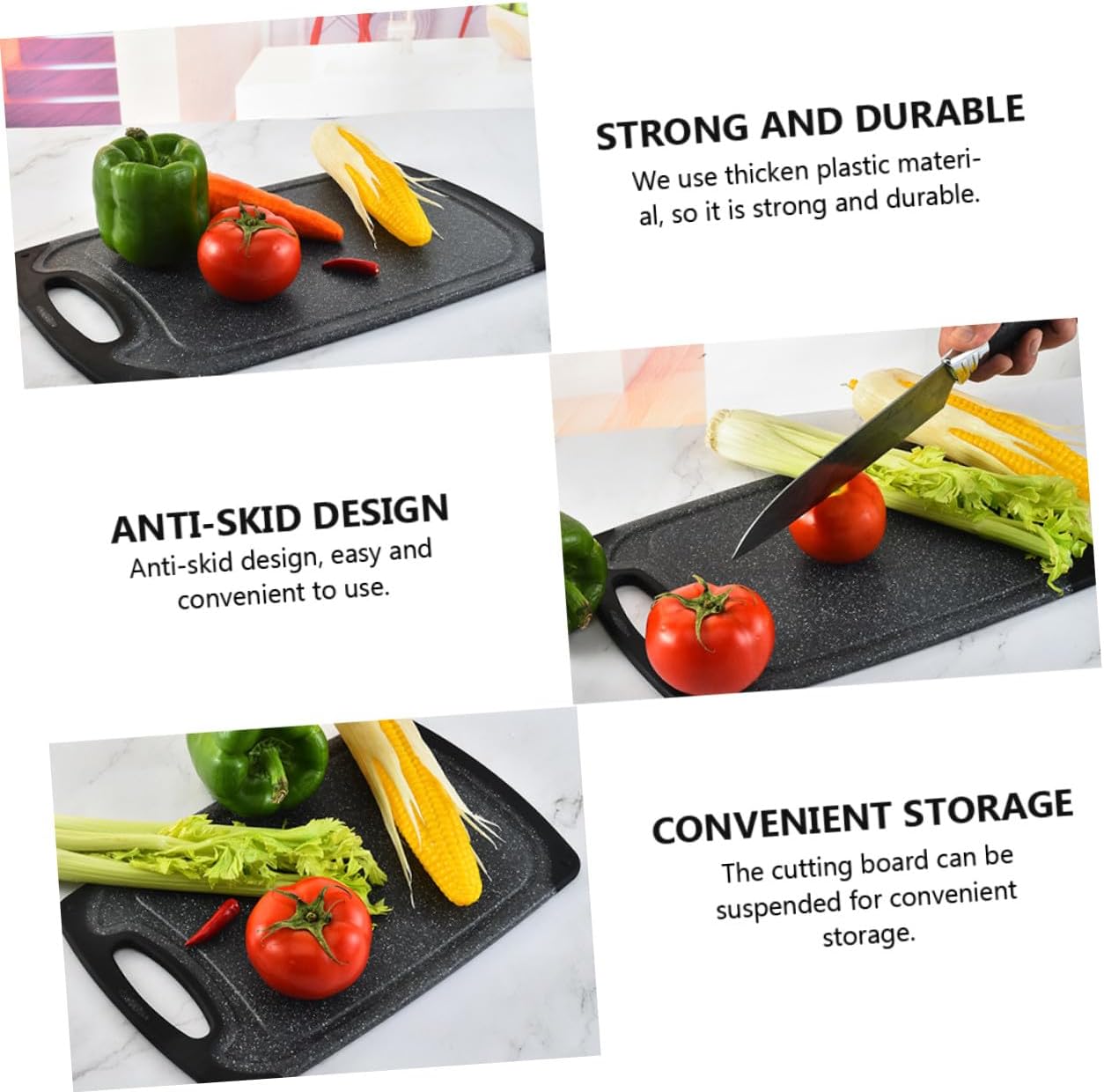 3pcs Anti-skid Plastic Cutting Boards Set, Large Thicker Dual-sided Kitchen Cutting Mats for Meats and Vegetables, Black Non-slip Home Use Chopping Board