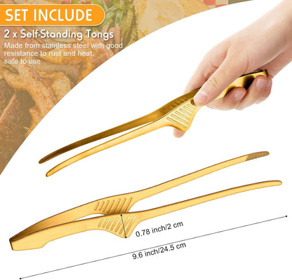 Patelai 2 Pieces Korean and Japanese BBQ Tongs Non Slip Cooking Utensils Stainless Steel Tongs for Serving Food, Salad, Camping, Barbecue, Buffet, Oven with Support Stand (Silver)