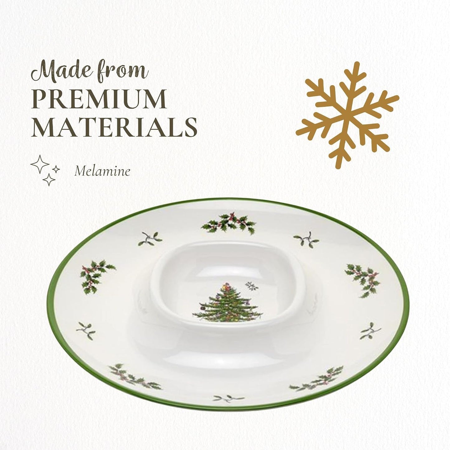 Spode Christmas Tree Melamine Chip and Dip | 14 Inch Serving Platter for Cheese, Appetizers, Chips, Salsa and more, Made of Melamine perfect for Hosting Indoors and Outdoors | Dishwasher safe