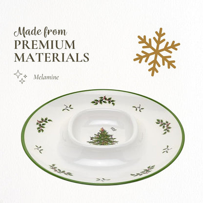 Spode Christmas Tree Melamine Chip and Dip | 14 Inch Serving Platter for Cheese, Appetizers, Chips, Salsa and more, Made of Melamine perfect for Hosting Indoors and Outdoors | Dishwasher safe