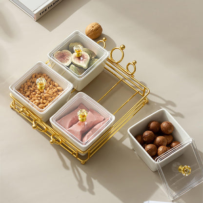 YA JU Ceramic Bowls and with Lid Gold Basket Trays, 6 Removable Small Bowls Condiment Trays Nut Serving Set for Snacks, Fruits, Candy and Condiments -Great for Parties, Holiday Gifts, White
