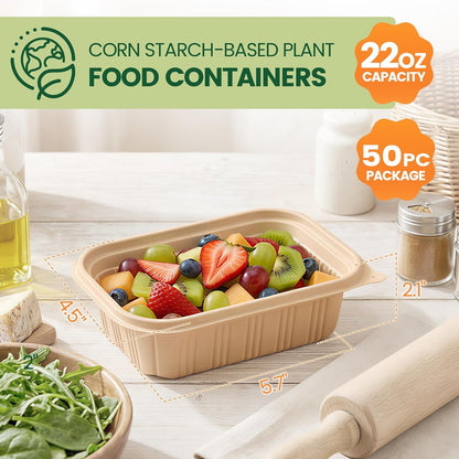 100 Piece (50 Pack) Meal Prep Containers Reusable - 2 Compartment 32 oz Cornstarch Snack Containers with Lids - Plastic Food Storage Salad Containers - To Go Lunch Box - Microwave & Freezer Safe