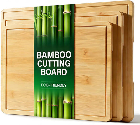 Zarler Bamboo Cutting Boards for Kitchen, 3 Piece Durable Wood Cutting Board with Juice Grooves and Handles, Wooden Chopping Board Set for Meal Prep, XL Size, Ideal Kitchen Gift