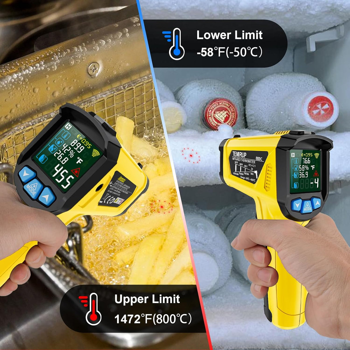 Infrared Thermometer Gun, Non Contact Digital Laser Thermometer Temperature Gun with Color LCD for Cooking, Home Repairs, Humidity Measurement, Adjustable Emissivity -58°F to 1472°F(-50~800°C)