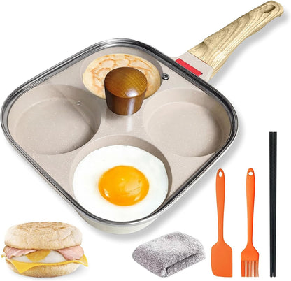 Ywmoml 4‑Cup Nonstick Egg Pan Set with Lid, Includes Silicone Scraper, Oil Brush, Chopsticks & Cleaning Cloth – Compatible with Gas & Induction Cooktops