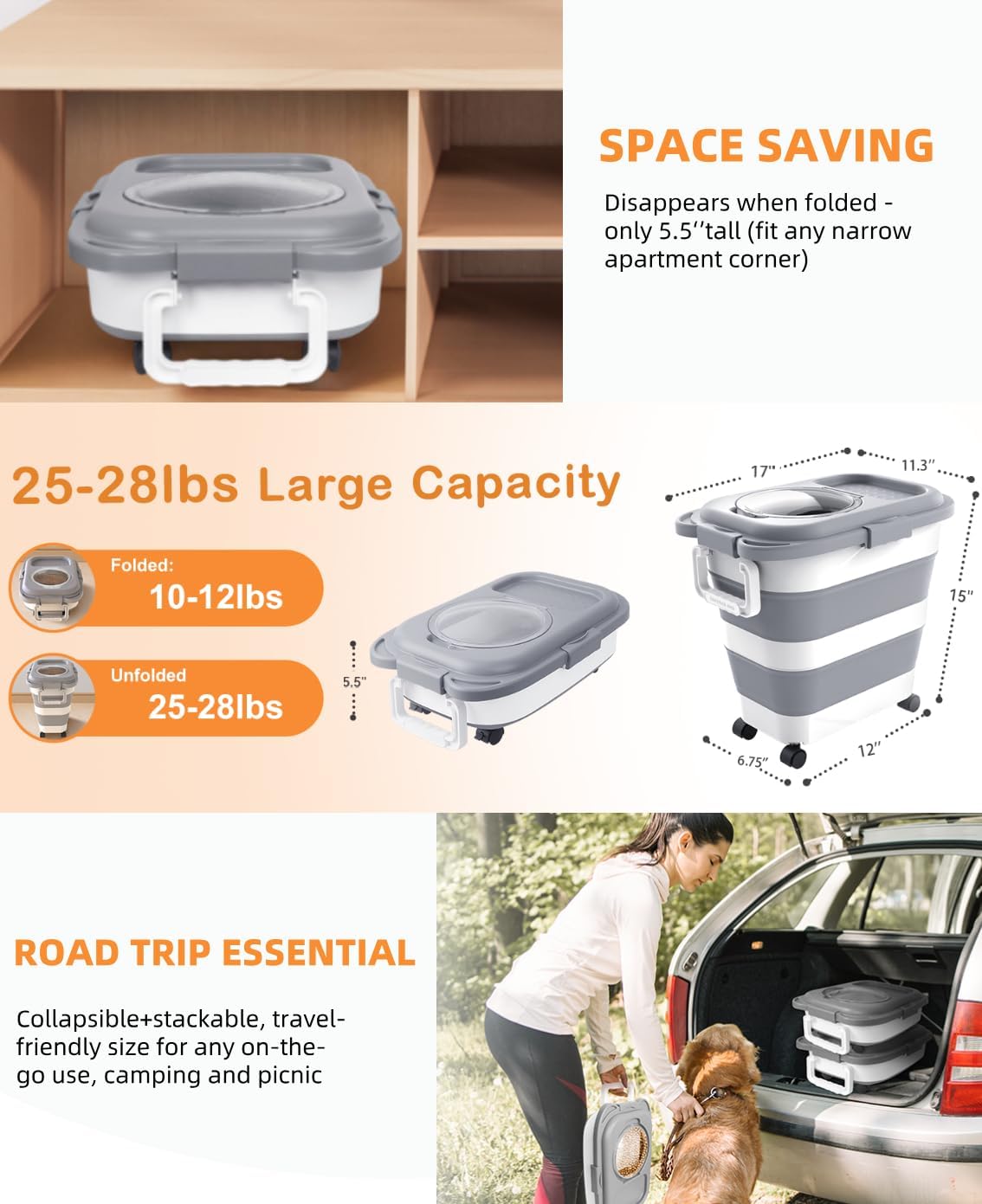 HOYTAMDAR 35lbs Dog Food Storage Container, Collapsible Dog Food Container, Wheels, Handle, Airtight Pet Food Storage Container, Scoop, 2L Small Dry Food Pail For Dog Cat Bird Food
