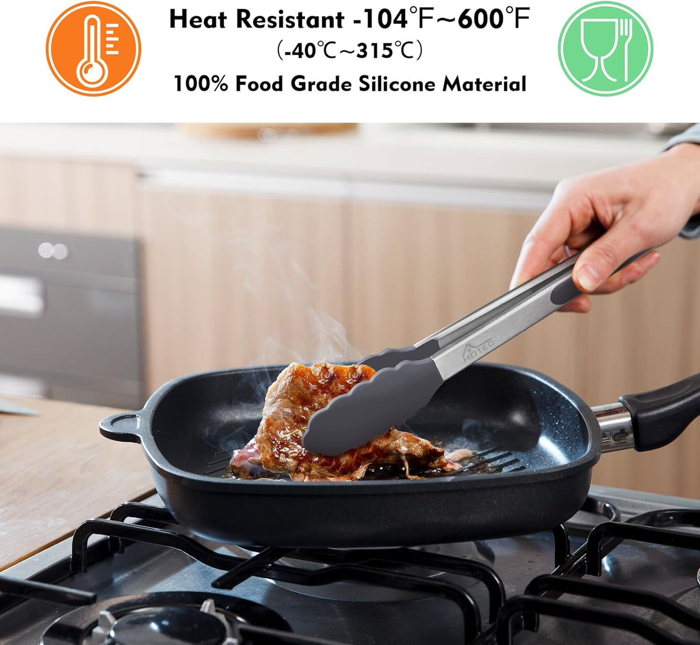 HOTEC Premium Stainless Steel Locking Kitchen Tongs with Silicon Tips, Set of 2-9" and 12"