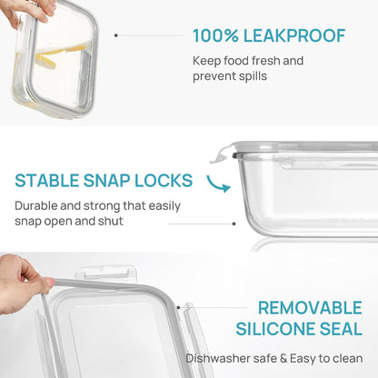 Vtopmart 2Pack 1860ml/63oz Large Glass Storage Containers with Lids, Meal Prep Food Container Set with Snap Airtight Lid for Baking, Microwave, Oven, Leak Proof, for Freezer, Dishwasher, Grey
