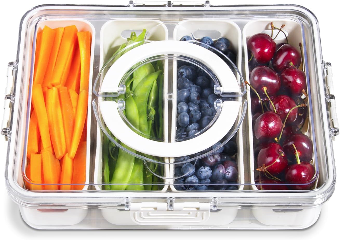 2 Pcs Portable Picnic Parties Fruit Tray, Fridge Food Veggie Condiment Divided Serving Preservation Storage Containers, Kitchen Clear Snackle Box Candy Organizer with Lid Handle