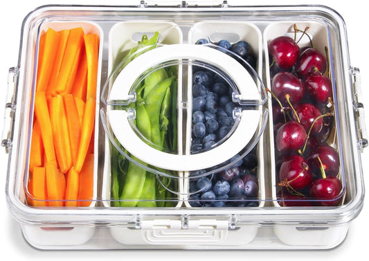 2 Pcs Portable Picnic Parties Fruit Tray, Fridge Food Veggie Condiment Divided Serving Preservation Storage Containers, Kitchen Clear Snackle Box Candy Organizer with Lid Handle