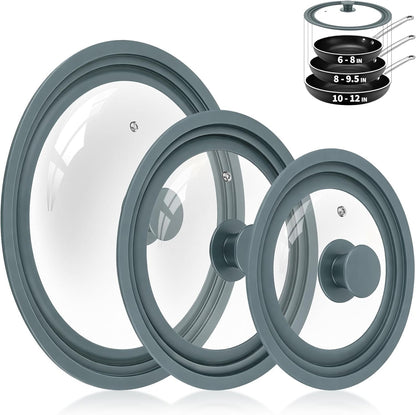 3 Pack Universal Pan Lids,Replacement Pan Lid Fits 6", 7" 8" & 8", 9" 9.5" & 10", 11" 12" Cookware,Tempered Glass Pan Cover with Heat Resistant Rim for Skillets, Pots, Frying Pans & CrockPot