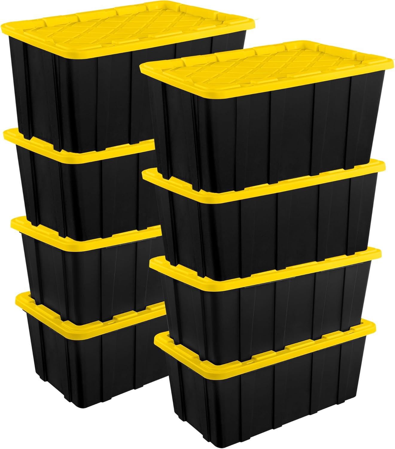 Sterilite 4-Pack 27 Gallon Industrial Storage Tote, Heavy-Duty Plastic Bins, Black/Yellow - Stackable Utility Organizers with Lids for Garage, Camping Tools, and Outdoor Gear