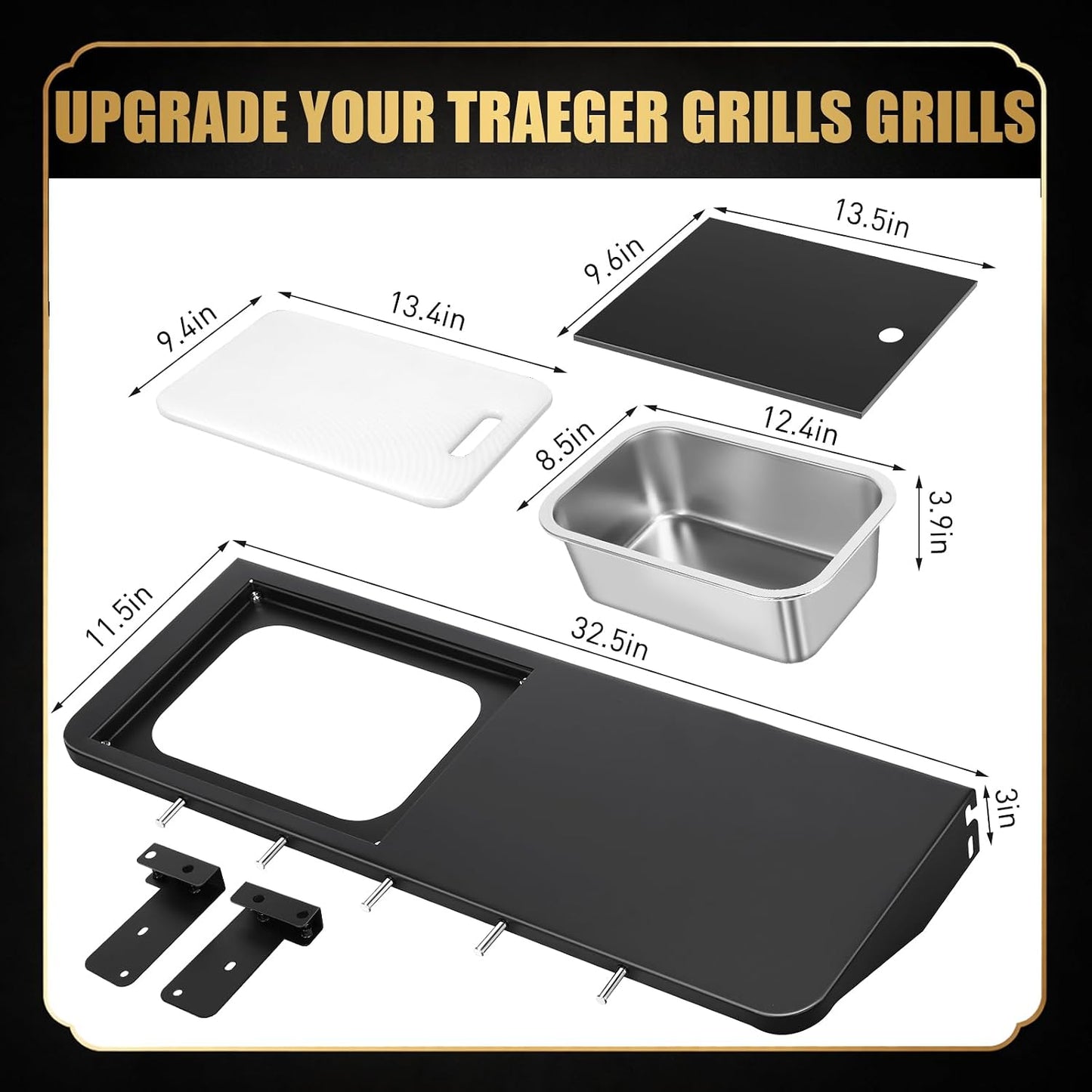 QuliMetal Folding Front Shelf for Traeger Pro 34, Texas Elite 34, Century 885 and Eastwood 34, 37" x 12" Heavy-Duty Grill Prep Table with Cutting Board, Stainless Steel Basin, Lid and 5 Hooks