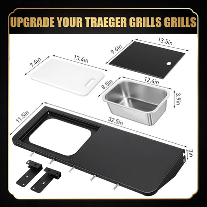 QuliMetal Folding Front Shelf for Traeger Pro 34, Texas Elite 34, Century 885 and Eastwood 34, 37" x 12" Heavy-Duty Grill Prep Table with Cutting Board, Stainless Steel Basin, Lid and 5 Hooks
