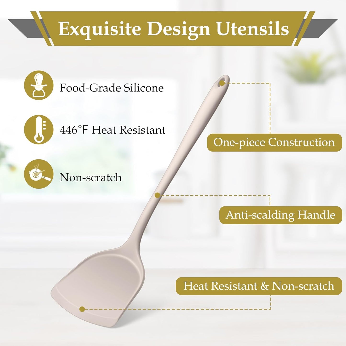 LIANYU Non-Toxic Silicone Kitchen Utensils Set, 8 Piece Non-Scratch Cooking Spoons & Spatulas, Stainless Steel Core, Heat Resistant & Dishwasher Safe, Khaki