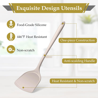 LIANYU Non-Toxic Silicone Kitchen Utensils Set, 8 Piece Non-Scratch Cooking Spoons & Spatulas, Stainless Steel Core, Heat Resistant & Dishwasher Safe, Khaki