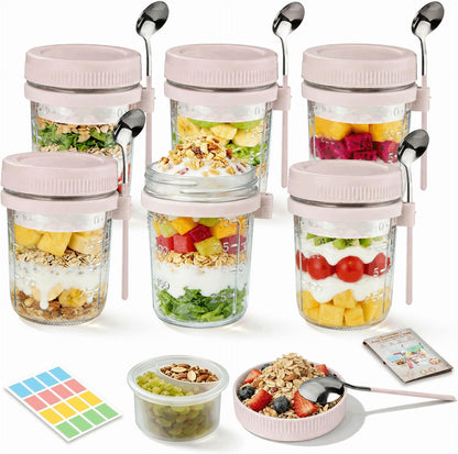 Overnight Oats Containers with Lids and Spoons - 4 Pack 16 oz Glass Mason Jars with Separate Compartments Airtight Overnight Oat Jars Leakproof Yogurt Parfait Cup for Oatmeal Chia Pudding Cereal Salad