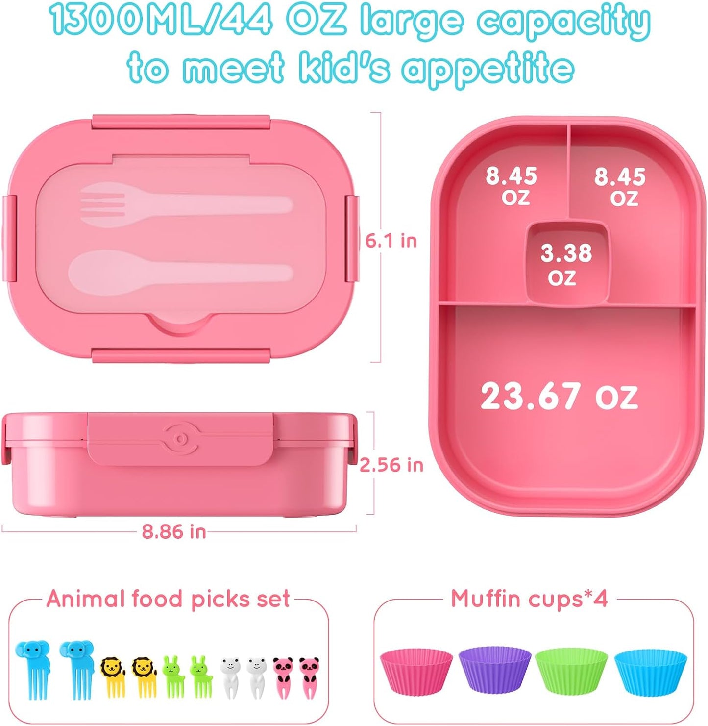 Lunch Box Kid Adult Bento Box, 4-Compartment Food Lunch Containers with Fork & Spoon, BPA Free, Leak-Proof Bento-Style Lunch Box for Work School, Microwave & Dishwasher Safe (Candy)