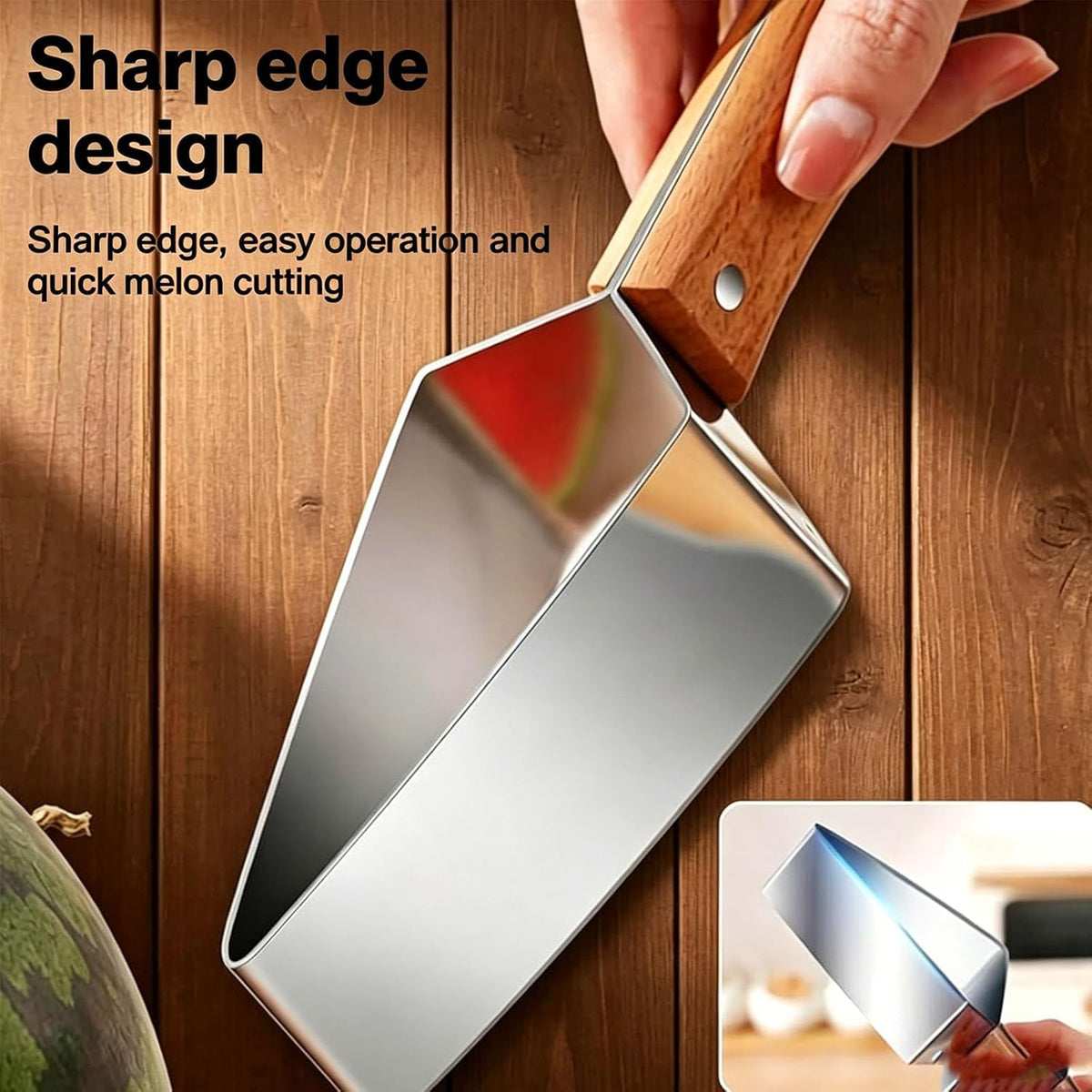 2PCS Stainless Steel Watermelon Cutter, Triangle Fruit Slicer with Wooden Handle, Melon Divider Tool for Watermelon, Cantaloupe and Honeydew