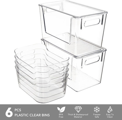 Tiawudi Set of 6 Clear Plastic Storage Bins, 2 Large Stackable Oraganizer with Open Front & Lid, 4 Small Storage Container for Pantry Organization, Multi-Use Organizer Bins for Home, Kitchen, Cabinet