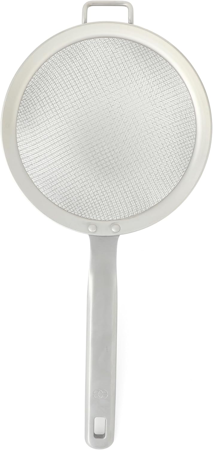 Calphalon Prime Edge 5-Inch Stainless Steel Strainer, Fine Mesh Kitchen Colander Strainer with Thermoplastic Rubber Handle, Sifter for Rinsing, Draining & Straining Food, Navy