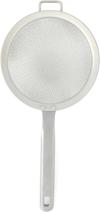 Calphalon Prime Edge 5-Inch Stainless Steel Strainer, Fine Mesh Kitchen Colander Strainer with Thermoplastic Rubber Handle, Sifter for Rinsing, Draining & Straining Food, Navy