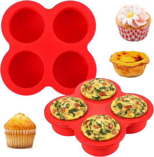 2 Pack Air Fryer Egg Bite Molds 4-Cups Silicone Egg Bite Molds Food Grade Round Muffin Pan Non-Stick Eggs Baking Pan for Baking Mini Muffins Eggs Bites Tart Mini Cupcake Quiche(Red)
