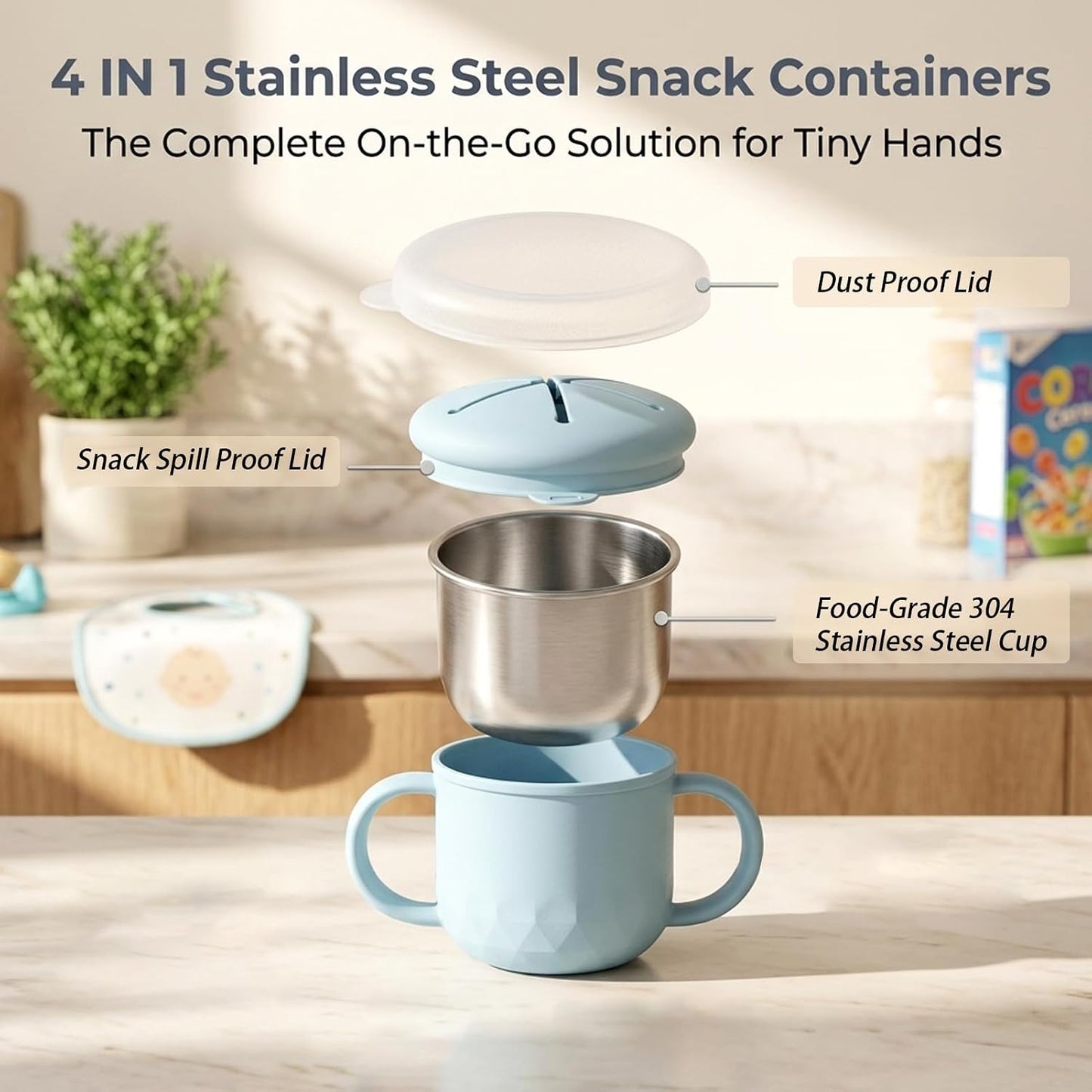 BUSOHA 2 Pack Stainless Steel Snack Containers – 4 IN 1 Spill Proof Snack Cup for Kids with Silicone Lids,Reusable Toddler Snack Containers,Metal Food Storage for Lunch Box,Travel,Dark Purple+Gray